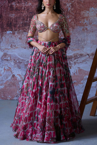 Hot pink floral printed lehenga set