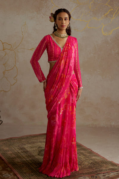 Hot pink floral printed pre-draped sari set