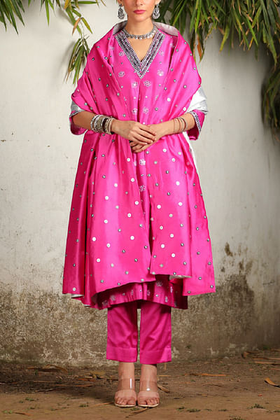 Hot pink floral sequin embroidered kurta set
