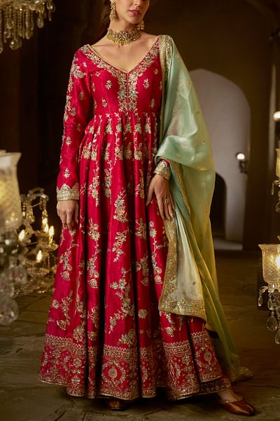 Hot pink floral zari embroidered anarkali set
