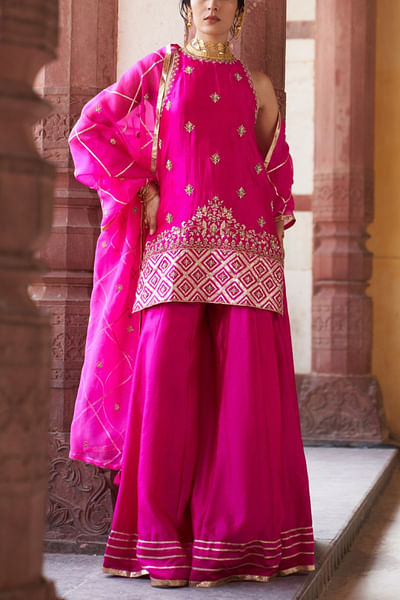 Hot pink lotus embroidered sharara set