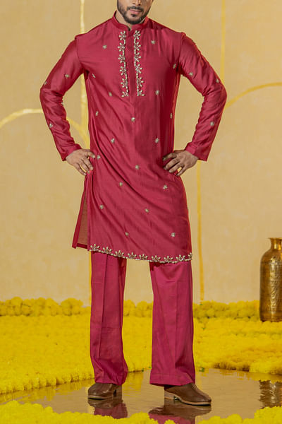 Hot pink pearl embroidered kurta set