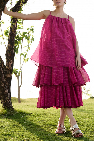 Hot pink polka block printed layered dress