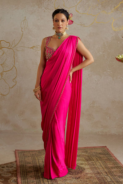 Hot pink pre-draped sari set