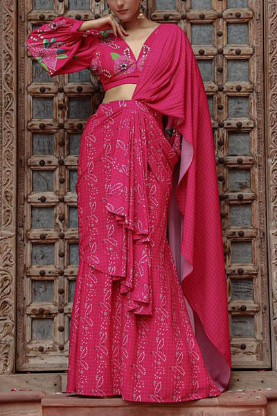 Hot pink pre-draped sari set