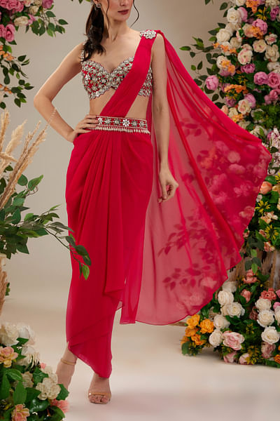 Hot pink pre-draped sari set