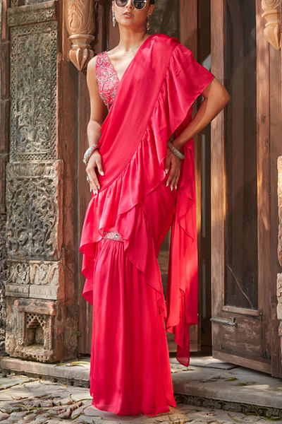 Hot pink ruffle concept sharara sari set