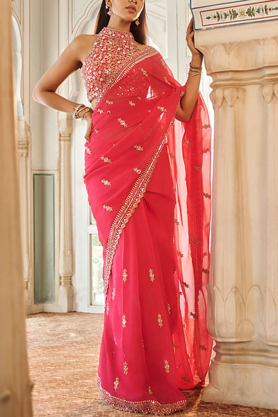 Hot pink sequin embroidered saris set