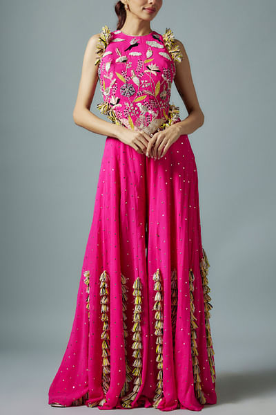 Hot pink tasselled mukaish sharara set