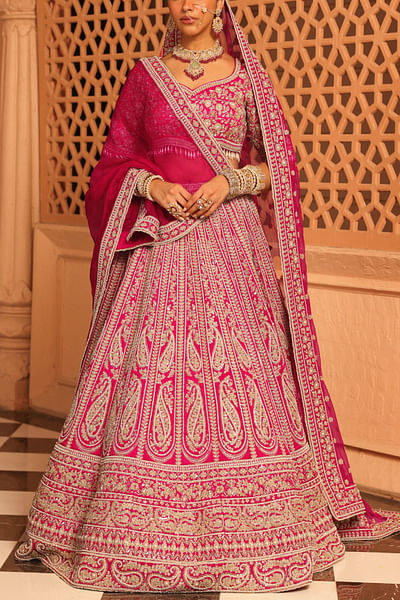 Hot pink zardozi embroidered lehenga set