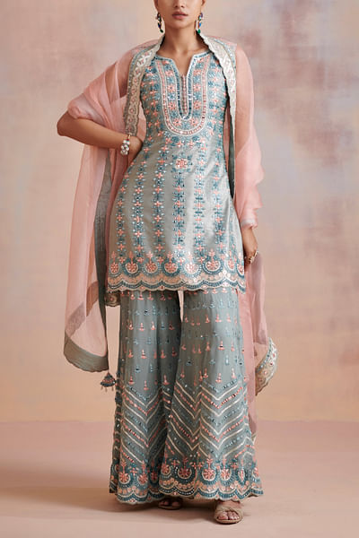 Ice blue and melon orange mirror gharara set