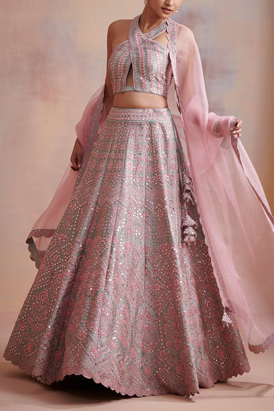Ice blue and pink mirror lehenga set