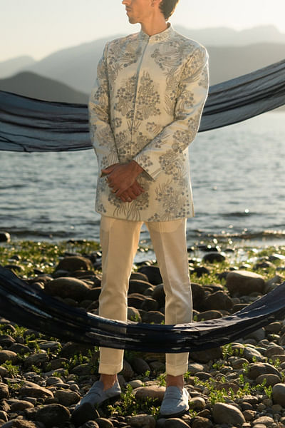 Ice blue embroidered bandhgala set