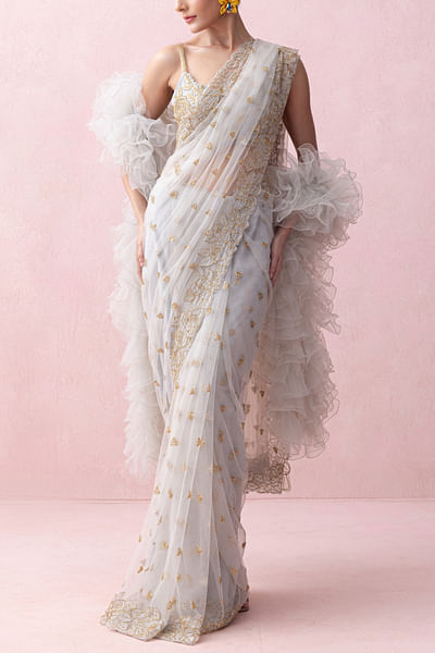 Ice blue floral appliqued sari set