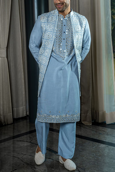 Ice blue mirror embroidered jacket kurta set