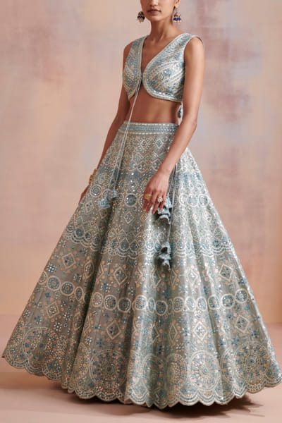Ice blue mirror embroidered lehenga set