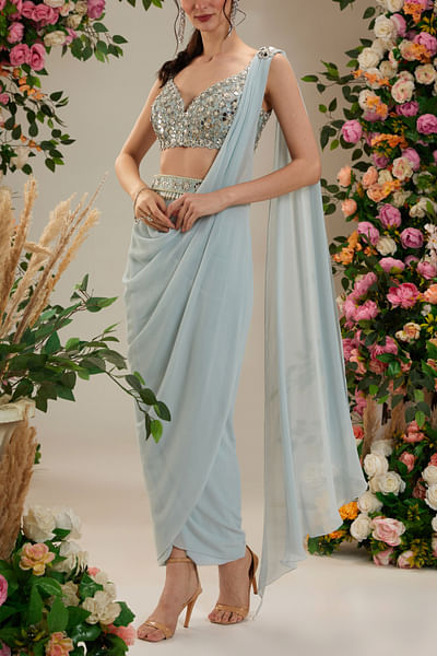 Ice blue pre-draped sari set