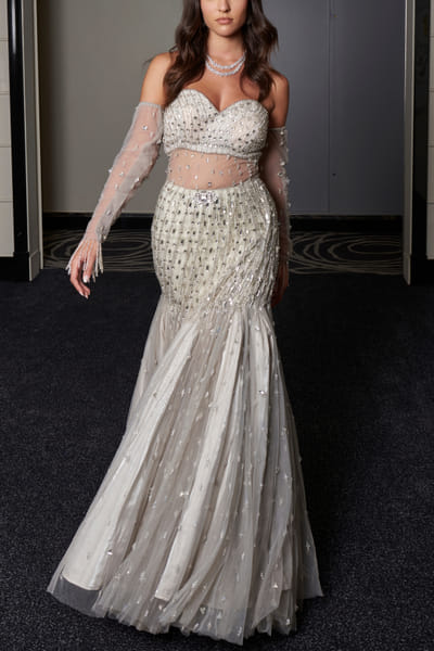 Jigar & Nikita Ice grey crystal embroidered fishtail gown BINAUG2407
