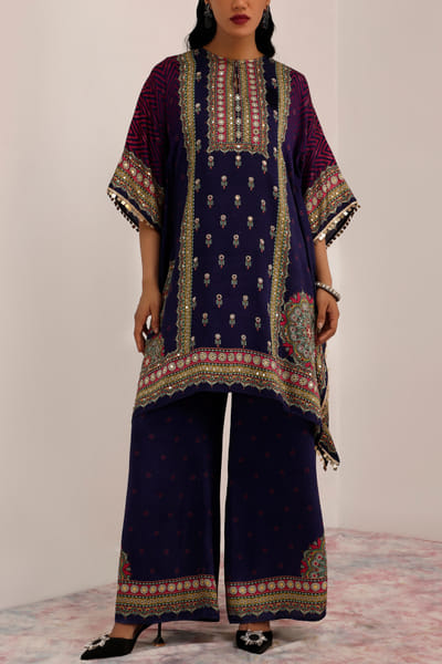 Indigo and purple printed kaftan set