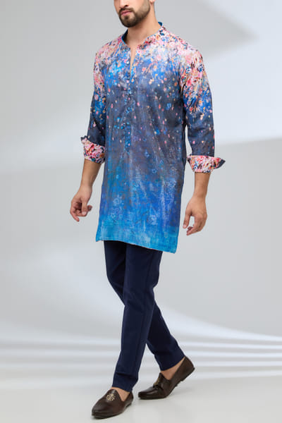 Indigo blue floral printed sequinned kurta set