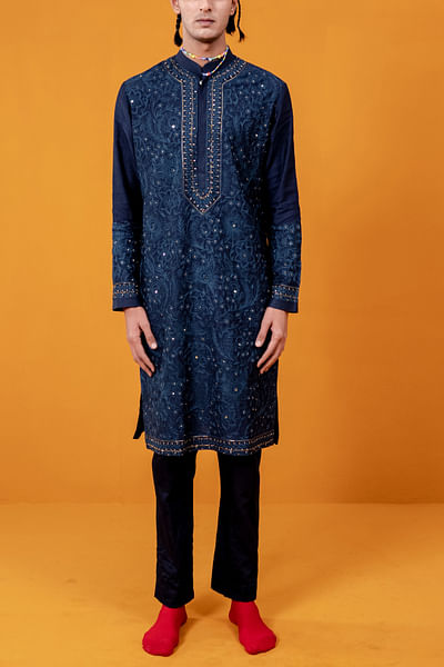 Indigo floral aari embroidered kurta set