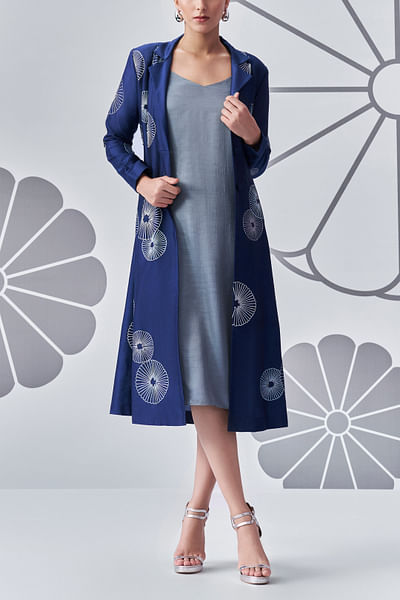 Indigo floral embroidered jacket set