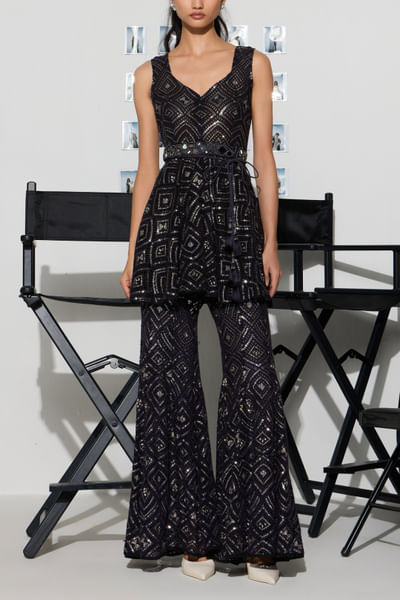 Indigo mirror embroidered peplum top