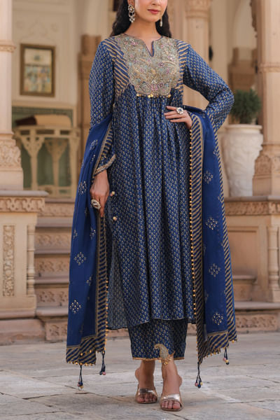 Indigo motif printed embroidered kurta set