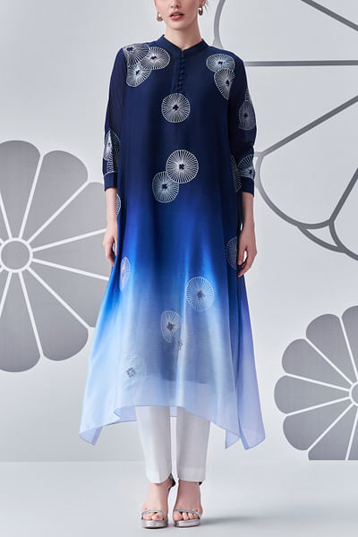 Indigo ombre shade floral embroidered kurta