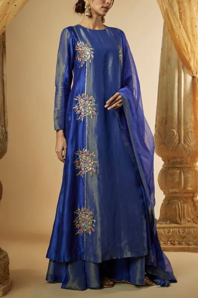 Ink blue floral embroidered kurta sharara set