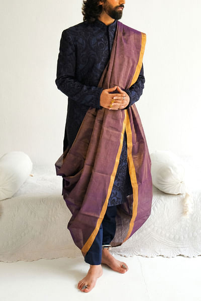 Ink blue paisley embroidered sherwani set
