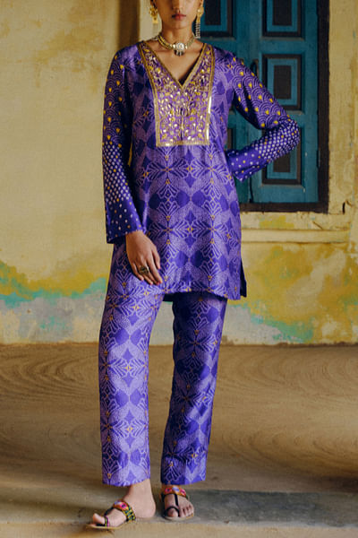 Iris purple bandhani printed kurta set