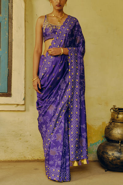 Iris purple bandhani printed sari set