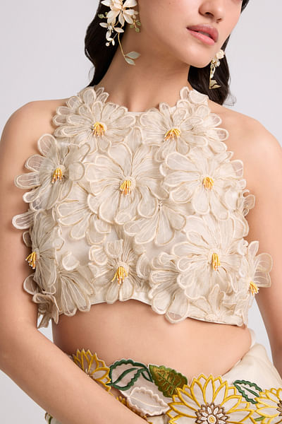Ivory 3D floral appliqued crop top