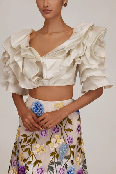 Ivory 3D floral detail ruffle blouse