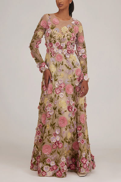 Ivory 3D floral embroidery gown
