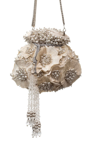 Ivory 3D floral pearl embroidered potli bag