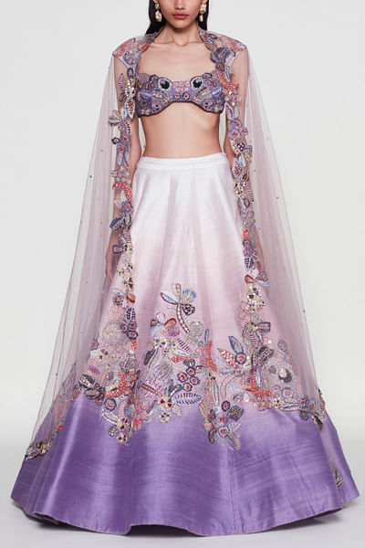 Ivory and amethyst ombre appliqued lehenga set