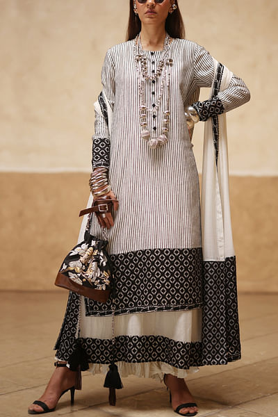 Ivory and black embroidered layered kurta set