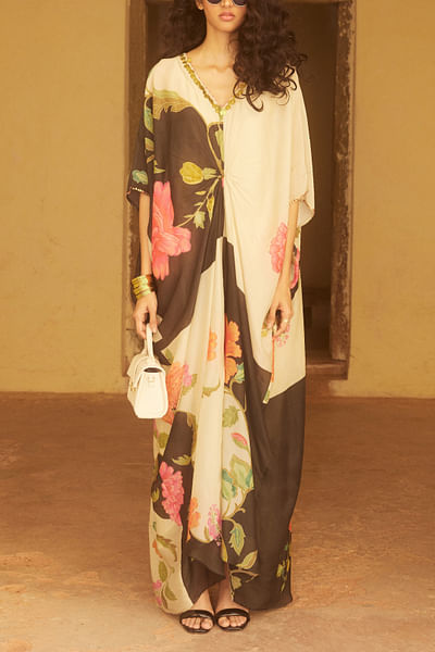 Ivory and black floral printed kaftan