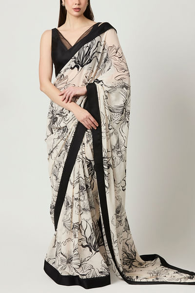 Ivory and black floral printed sari set