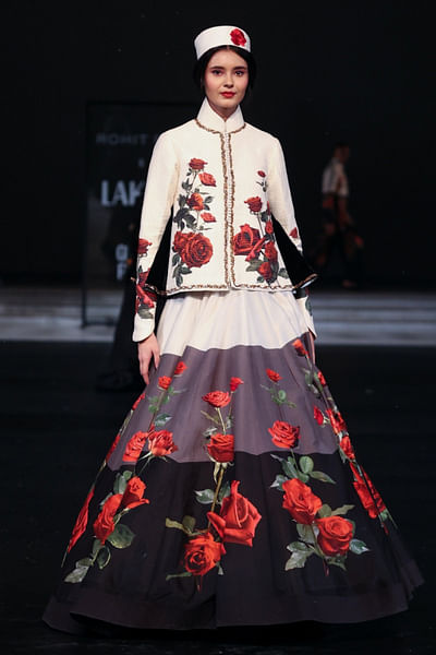 Ivory and black floral printed skirt set