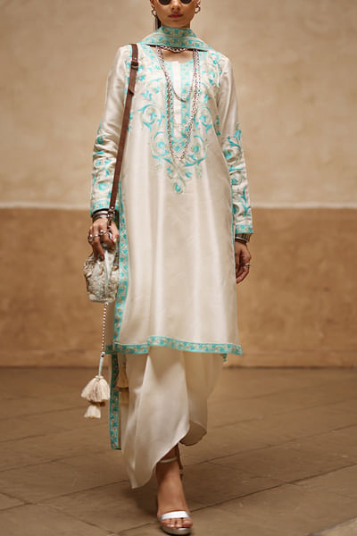 Ivory and blue embroidered kurta and skirt set