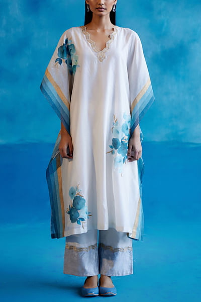 Ivory and blue floral hand painted kaftan set