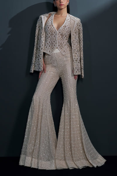 Ivory and gold embellished blazer sharara set