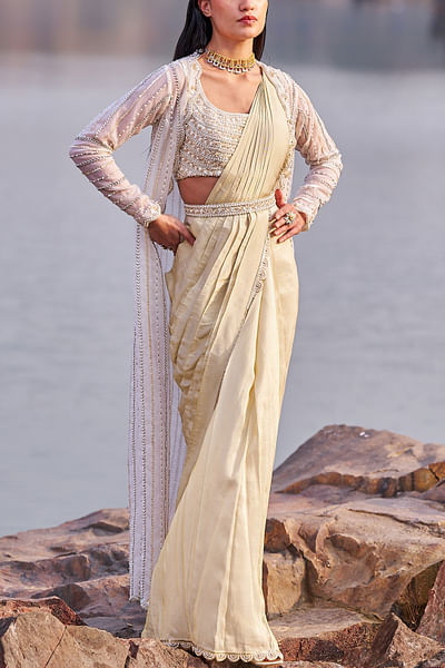 Ivory and gold embellished jacket drape sari set