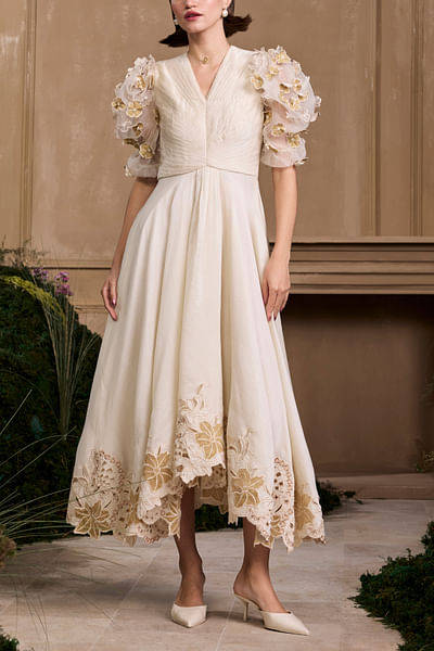 Ivory and gold floral chanderi dress