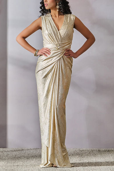 Ivory and gold Swarovski detail draped dress