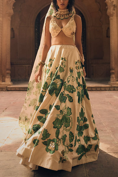 Ivory and green floral printed lehenga set
