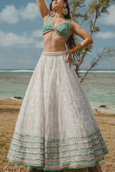 Ivory and green leaf embroidered lehenga set